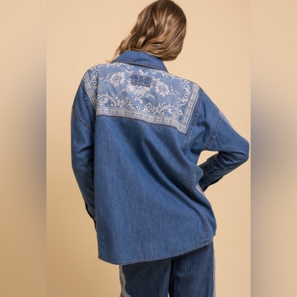 Bluevelvet Cross-stitch Denim Blue Patterned pearl snap Button Down Shirt - Picture 3 of 3